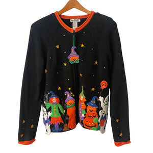 Vtg 90s Tiara Sz S Halloween Embellished Knit Zip Cardigan Beads Applique Black